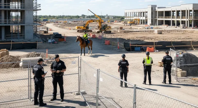 Construction site security services protecting high-rise, commercial, and infrastructure projects