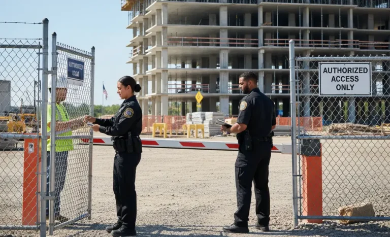 Trained construction security guards operating safely within active job site environments