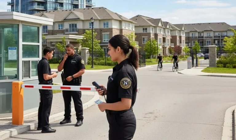 Gated community security services managing controlled access and monitoring private residences