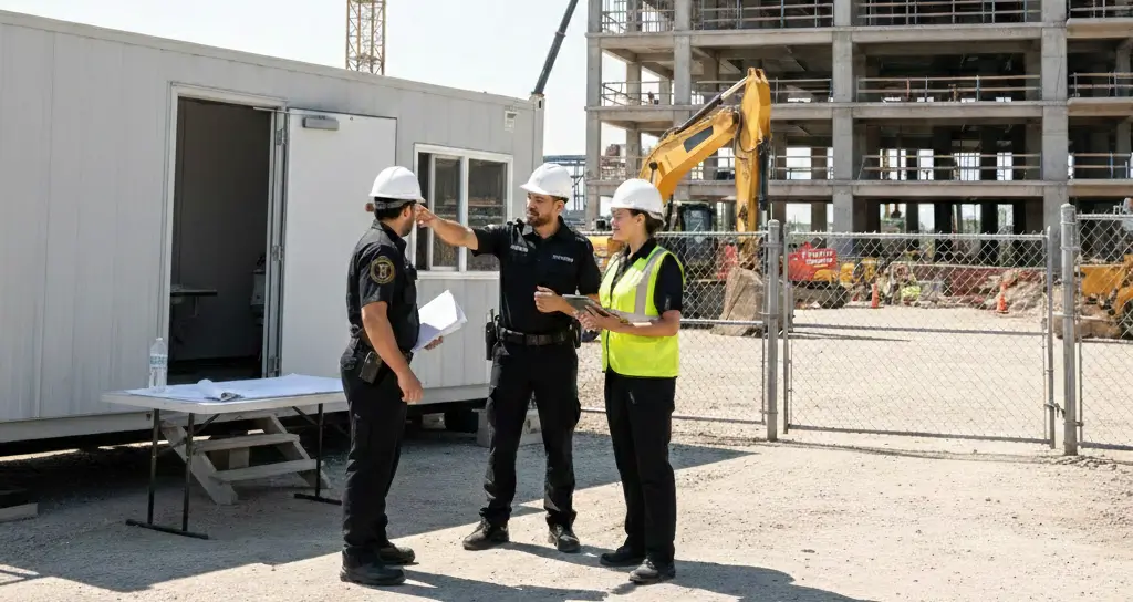 Construction security team conducting site-specific risk assessment and security planning